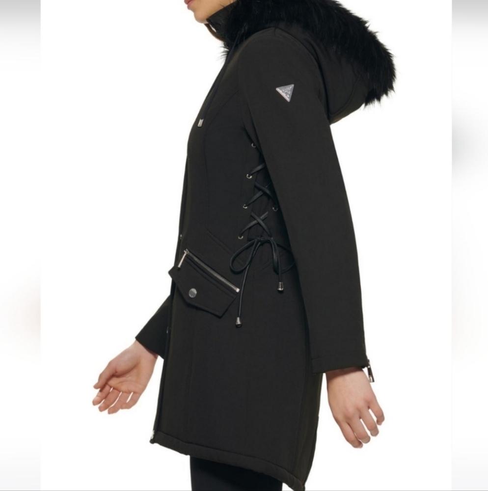 Guess Anorak Corset Waist Faux Fur Trim Coat. Removable Hood Black Medium #76